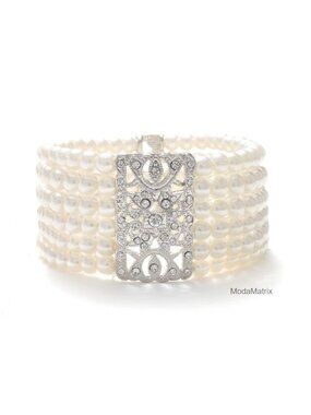 Ivory Pearl Crystal Stretch Cuff Bracelet Vintage Bridal 6-7 inch
